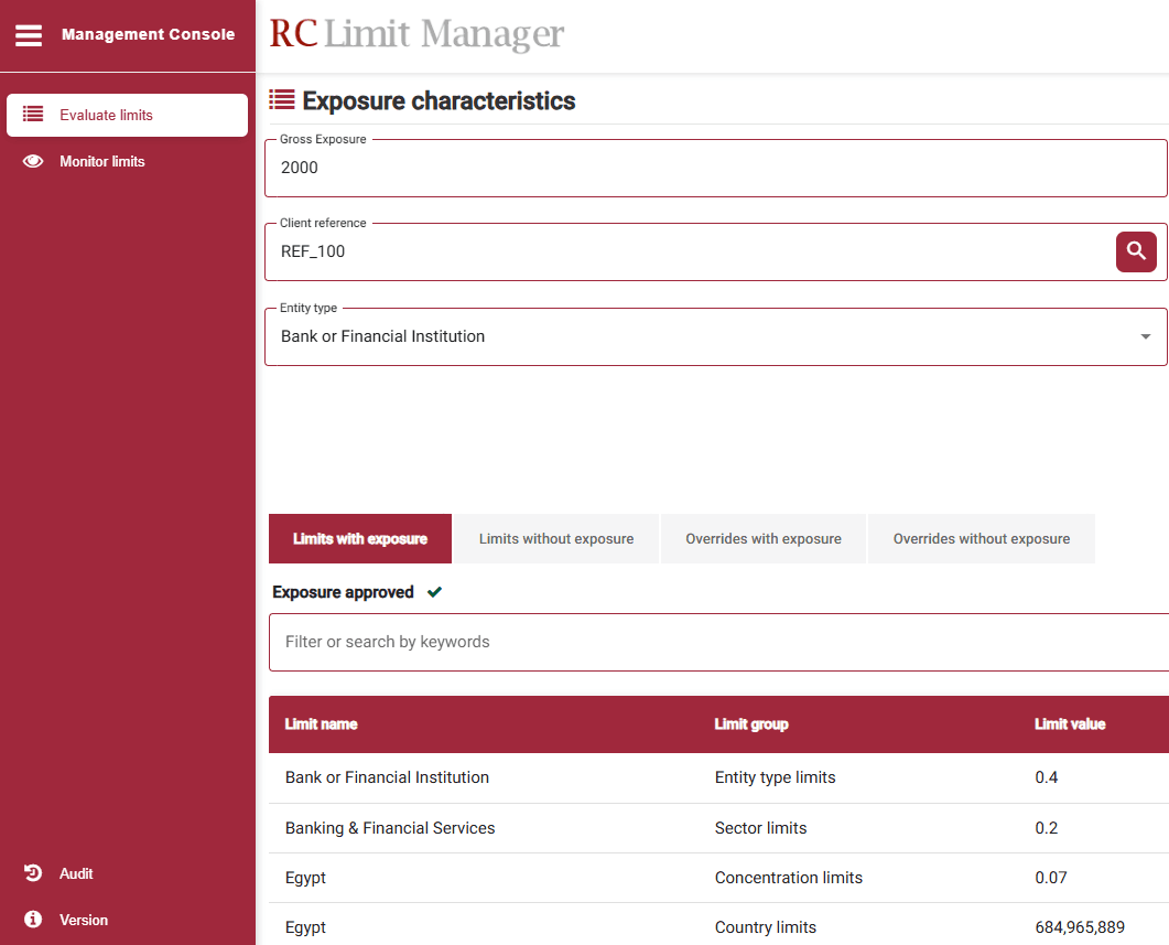 RC Limit Manager evaluating an exposure against entity, sector, concentration and country limits, demo data