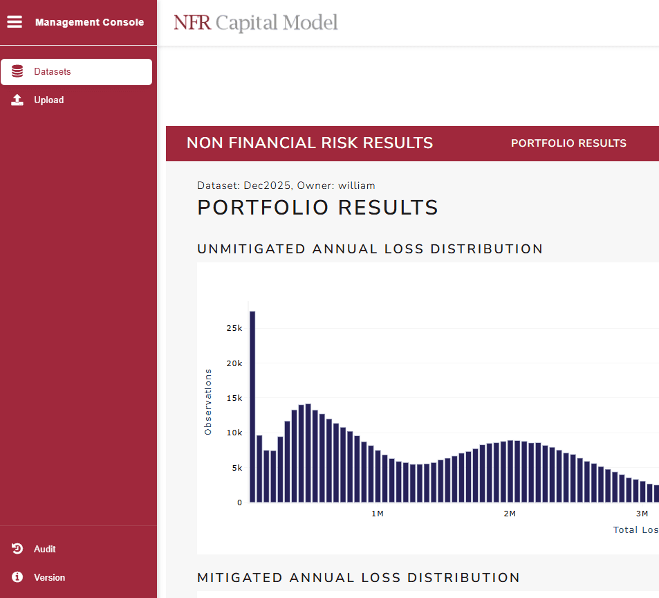 NFR Capital Model portfolio results: unmitigated annual loss distribution histogram, demo data