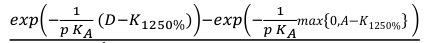 Equation: _1 _1 _{exp} _− max{0,A−K1250%} _{pKA} (_{D−K1250}%) _{−exp} _{−pKA}