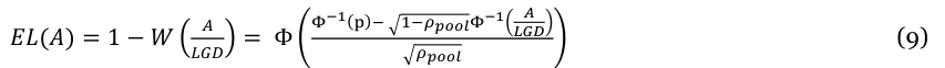 Equation: _{Φ−1}(_p)_− _{1−ρpoolΦ−1} _A _A _{LGD} EL(A) = 1 −W (9) _{LGD} = Φ _{ρpool}