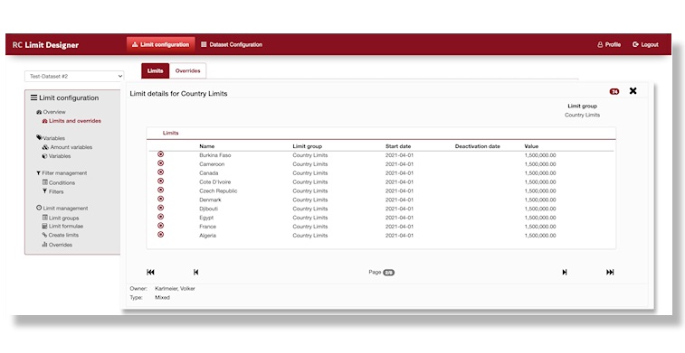 Screenshot of Limit Designer software. A table with countries, limit groups, start dates and values. On the left you see a menu where "limits and overrides" has been selected. 